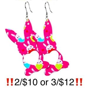 Bunny Earrings Dangling Faux Leather Pink Easter Bunny Rabbit Heart Earrings